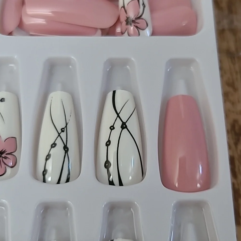2/$16 Pink Floral Coffin Press On Nails
